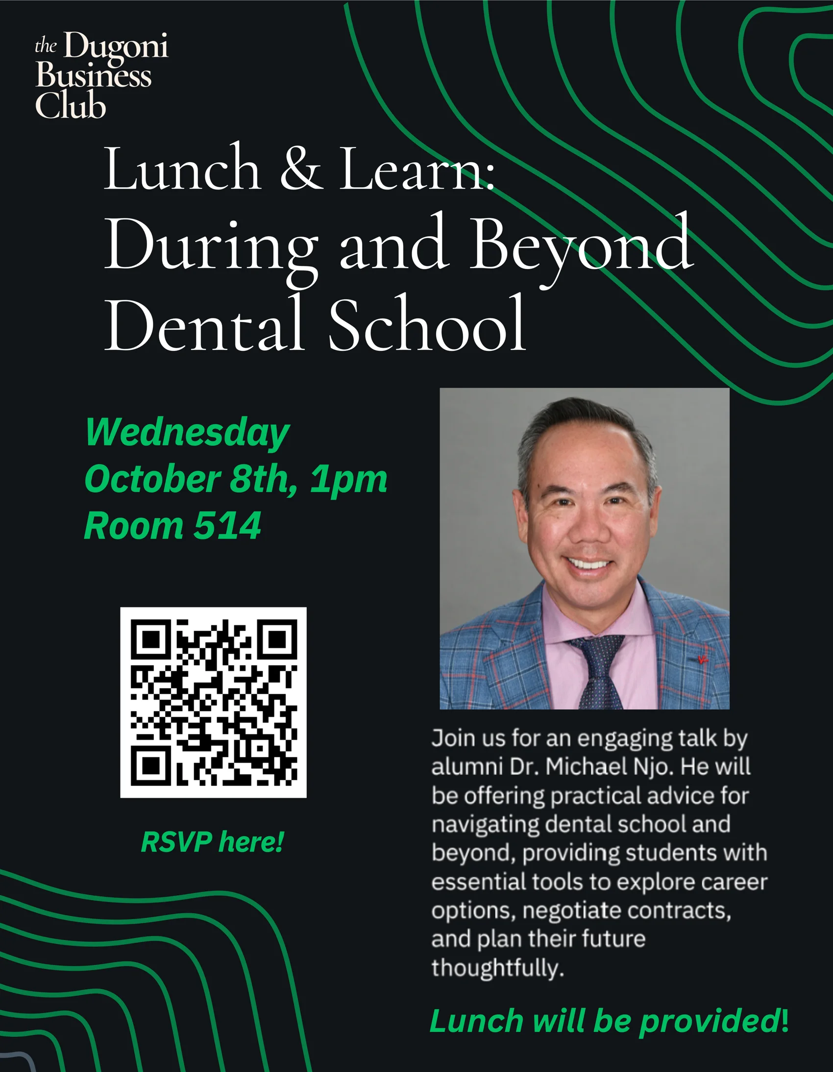 Lunch & Learn flyer for Dr. Michael Njo's presentation at the Dugoni School of Dentistry.