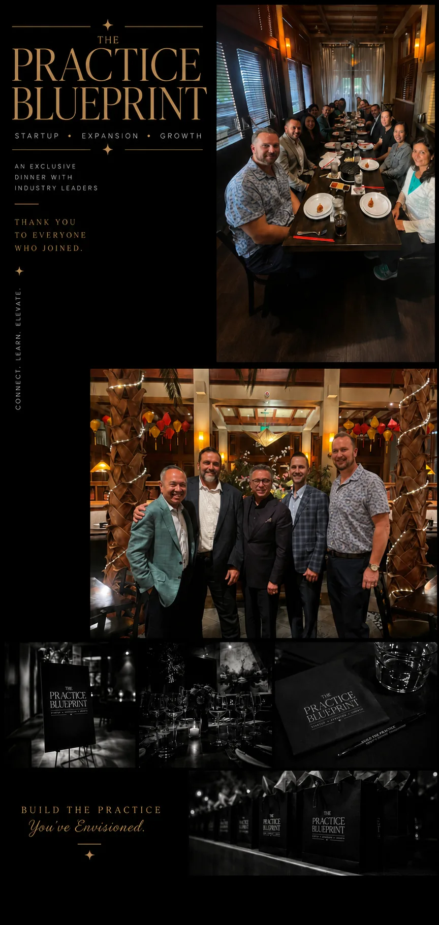 The Practice Blueprint recap collage from an exclusive dinner with industry leaders, showing a restaurant table, a standing group, and black-and-white shots of the welcome sign, table setting, branded notebook, and gift bags.