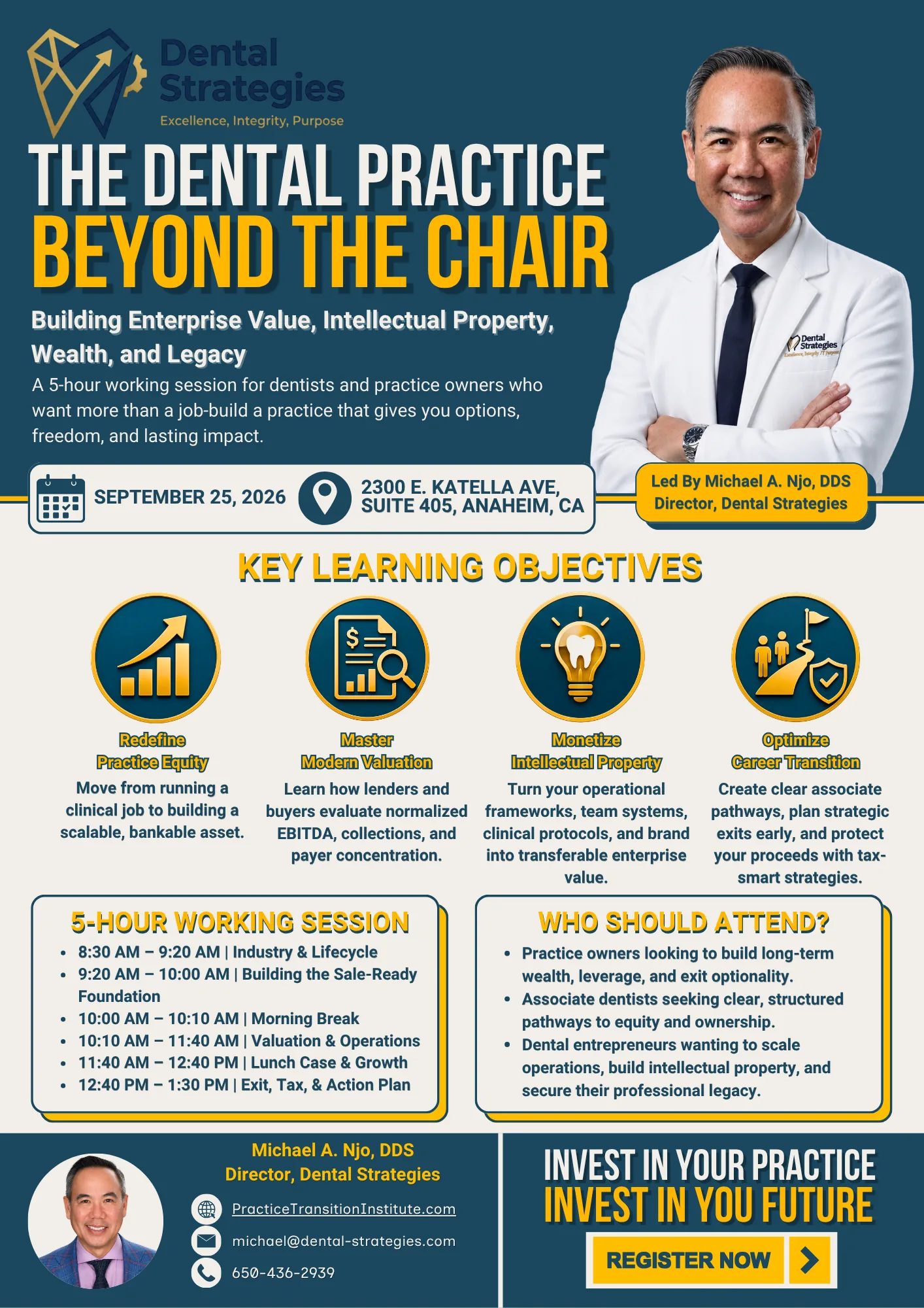 Promotional flyer for The Dental Practice Beyond the Chair, a September 25, 2026 working session in Anaheim led by Michael A. Njo, DDS.