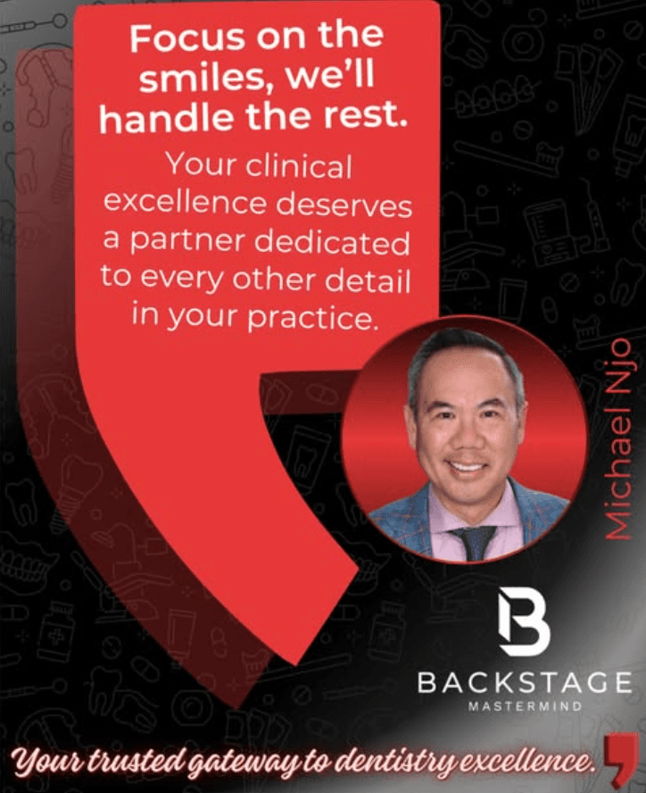 Backstage Mastermind feature card highlighting Dr. Michael Njo's practice support message.