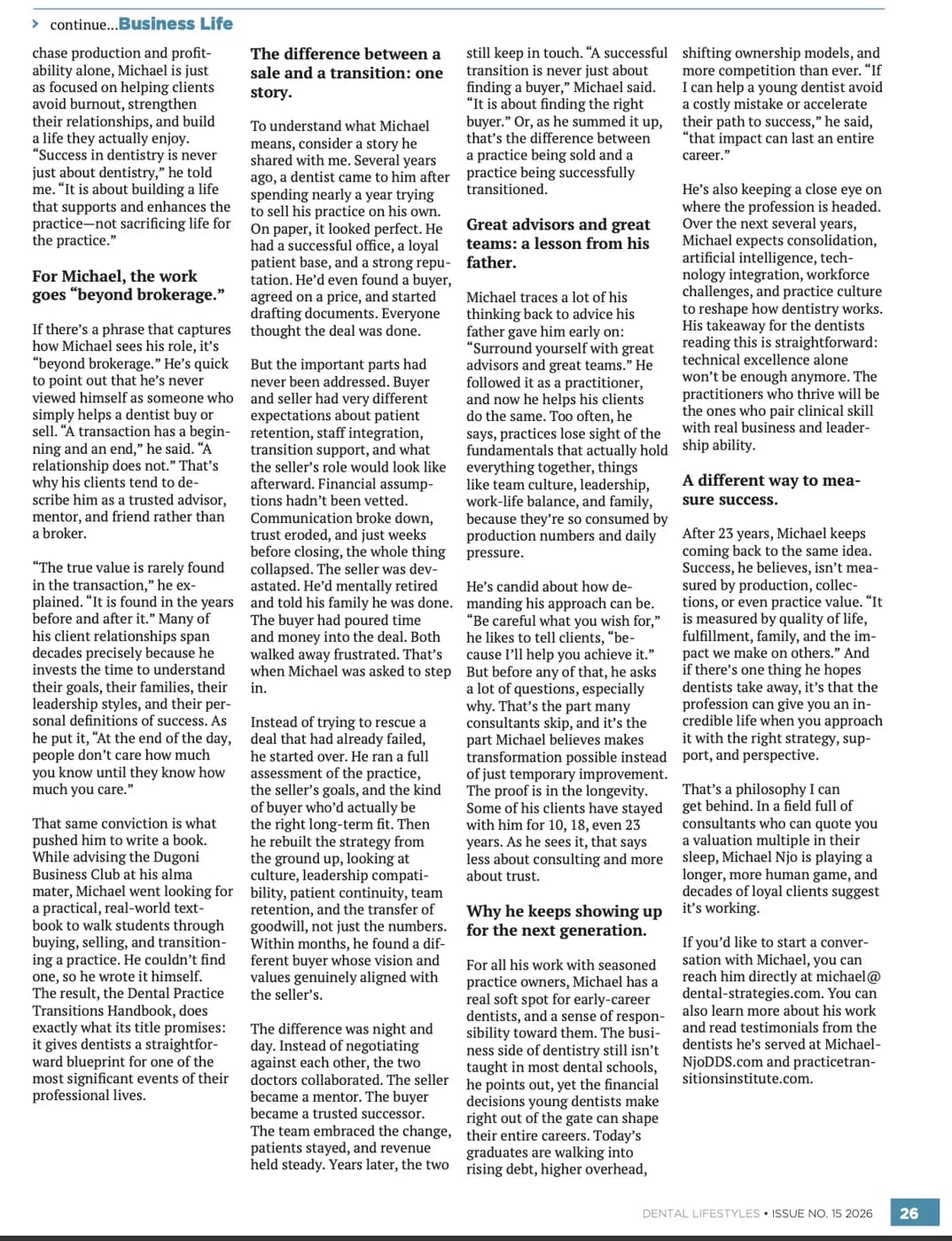 Page 26 of Dental Lifestyles Magazine: the continuation of Beyond Brokerage.