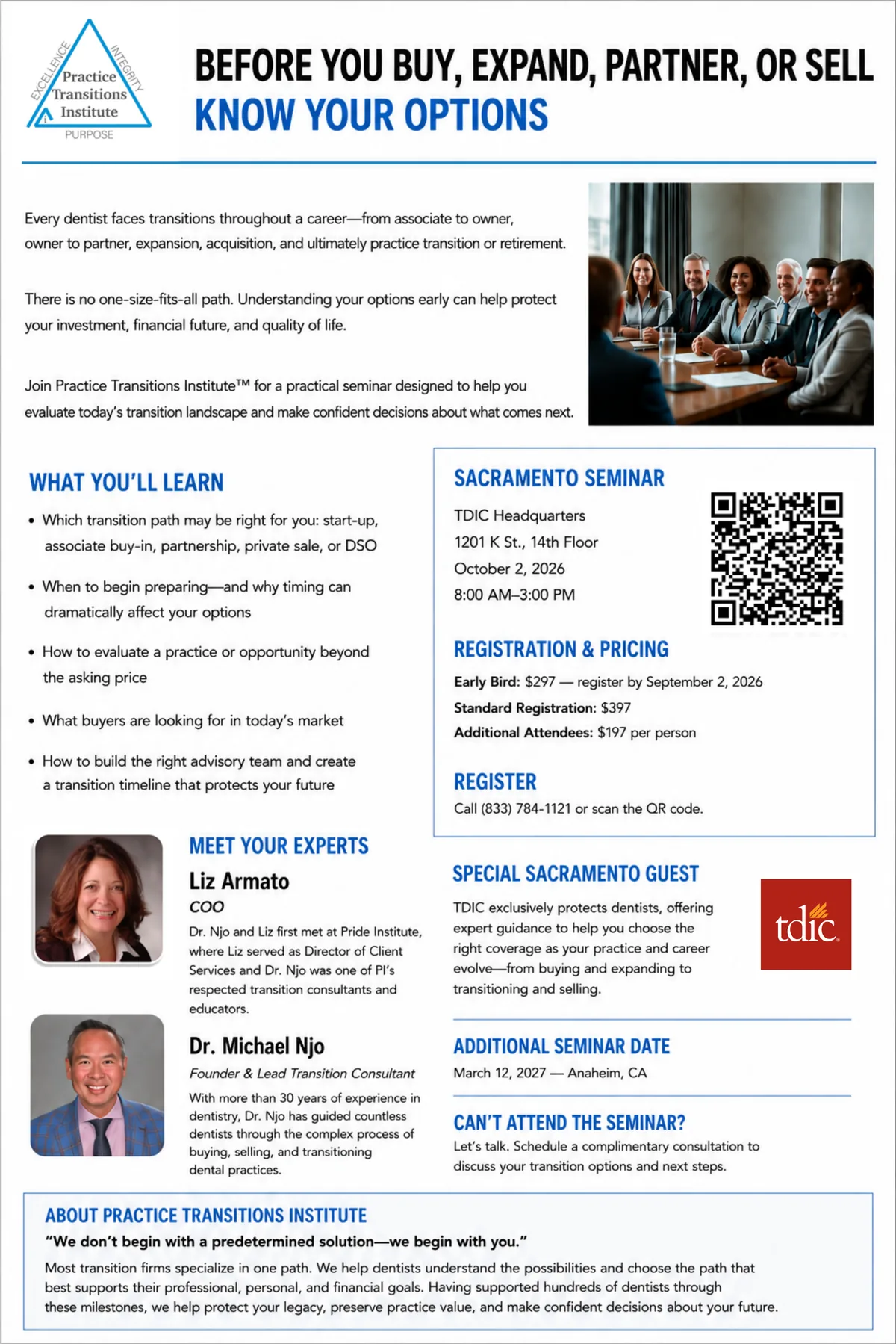 Practice Transitions Institute Sacramento seminar flyer, October 2 2026 at TDIC Headquarters.