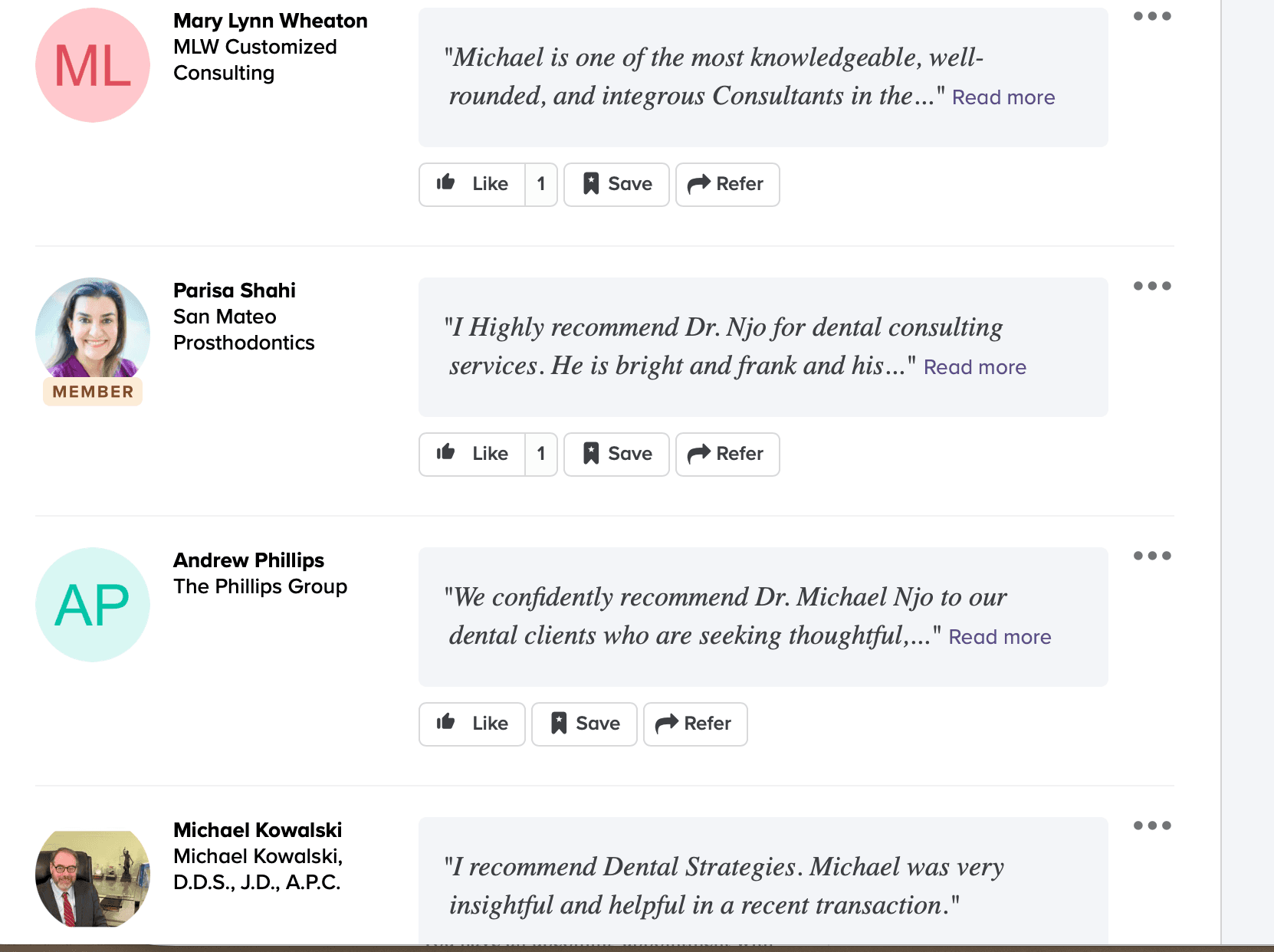 Screenshot of external recommendations from Mary Lynn Wheaton, Parisa Shahi, Andrew Phillips, and Michael Kowalski on Michael Njo's review profile
